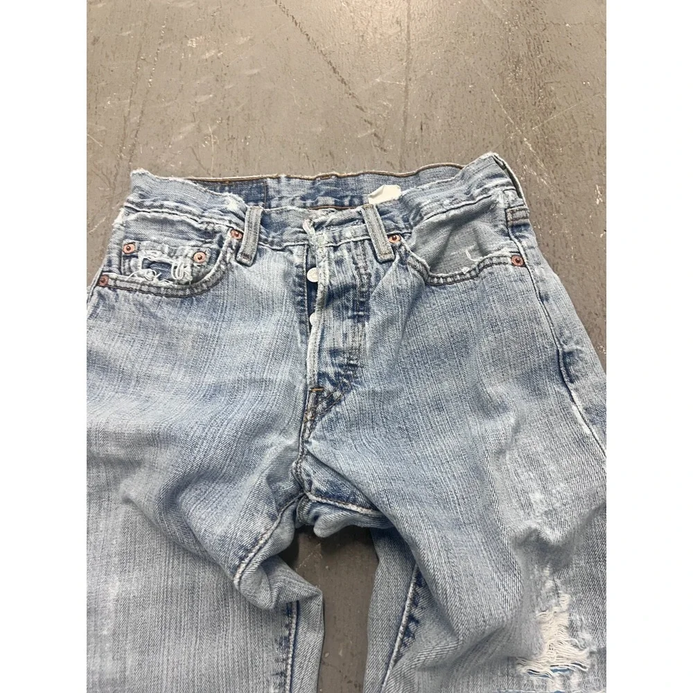Levi's 501 Straight Jeans Mens 27W Blue Denim Light Wash Button Fly Distressed - Picture 3 of 8